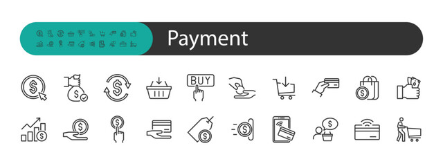 purchase, pay, buy, money outline icons set