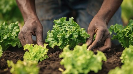 Fototapeta premium Closeup an African man is planting lettuce in a field