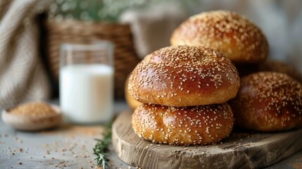 Breakfast with freshly baked round sesame bread and milk