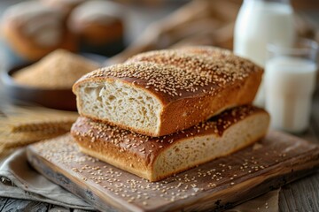 Breakfast with freshly baked round sesame bread and milk
