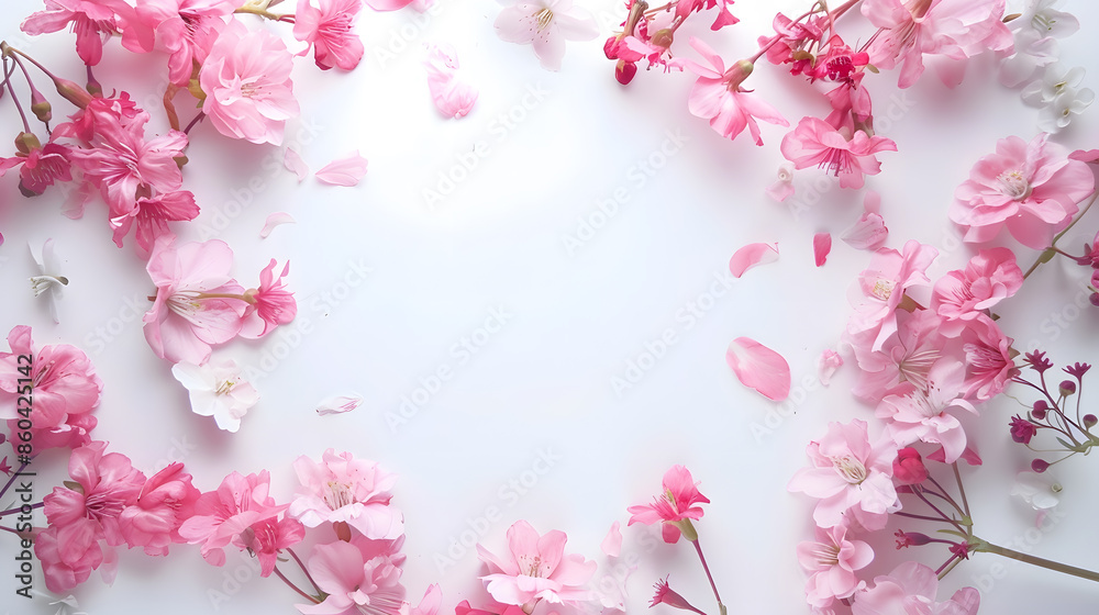 Poster flowers composition frame made of pink flowers on white background valentines day background flat la