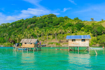 Beautiful landscapes view borneo sea gypsy water village in Mabul Bodgaya Island, Malaysia.