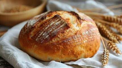 freshly baked round bread with a crack in the middle.