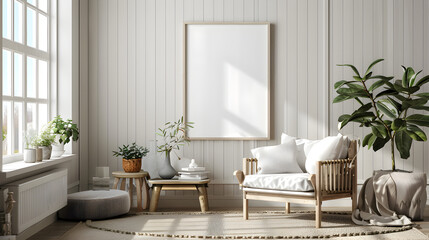 Frame Mockup in Vintage Farmhouse: A farmhouse-style living room with a distressed wooden frame holding an ISO A2 poster. Rustic furniture and vintage decor elements fill the space.