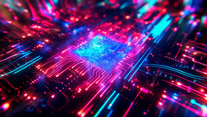 Obraz premium Futuristic Microchip with Neon Circuitry 