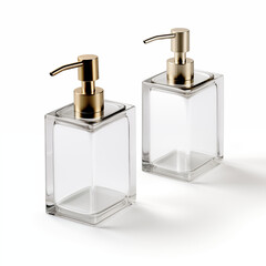 Obraz premium Two transparent square glass soap dispensers with golden nozzles isolated on white background 3D illustration