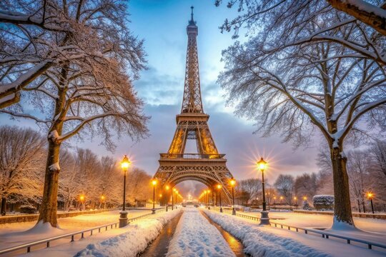 The Eiffel Tower covered in a light layer of snow, with bare trees and winter lights along the pathways