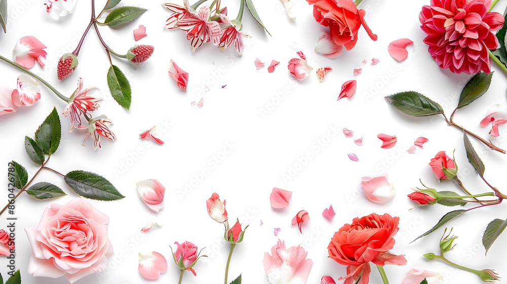 Aufkleber frame with flowers branches leaves and petals isolated on white background flat lay overhead view : Generative AI