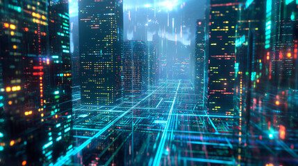 Obraz premium Futuristic Cityscape with Digital Networks 
