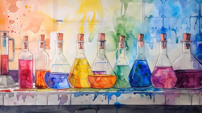 The image shows a set of beakers with different colored liquids. The background is a rainbow of colors. The image is created using watercolors.