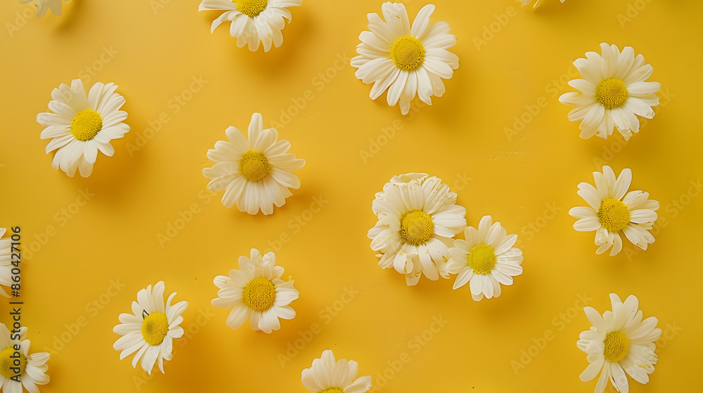 Poster flowers composition chamomile flowers on yellow background spring summer concept flat lay top view c