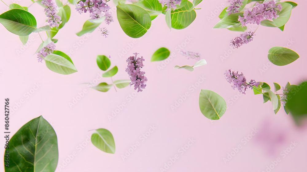 Poster Fresh lilac beautiful green leaves falling in the air isolated on pink background Zero gravity or levitation spring flowers conception high resolution image : Generative AI