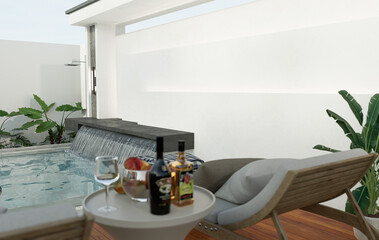 3D illustration of house with swimming pool and biocimlatic pergola. Front view of villa with palm trees and whirlpool.