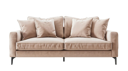 Fototapeta premium Minimalist beige sofa with cozy pillows. Modern living room interior concept, isolated on transparent background