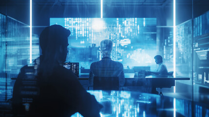 Futuristic Office with Digital Interface and Team
