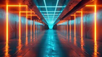 neon glowing scifi futuristic concrete tunnel corridor with blue and orange lights