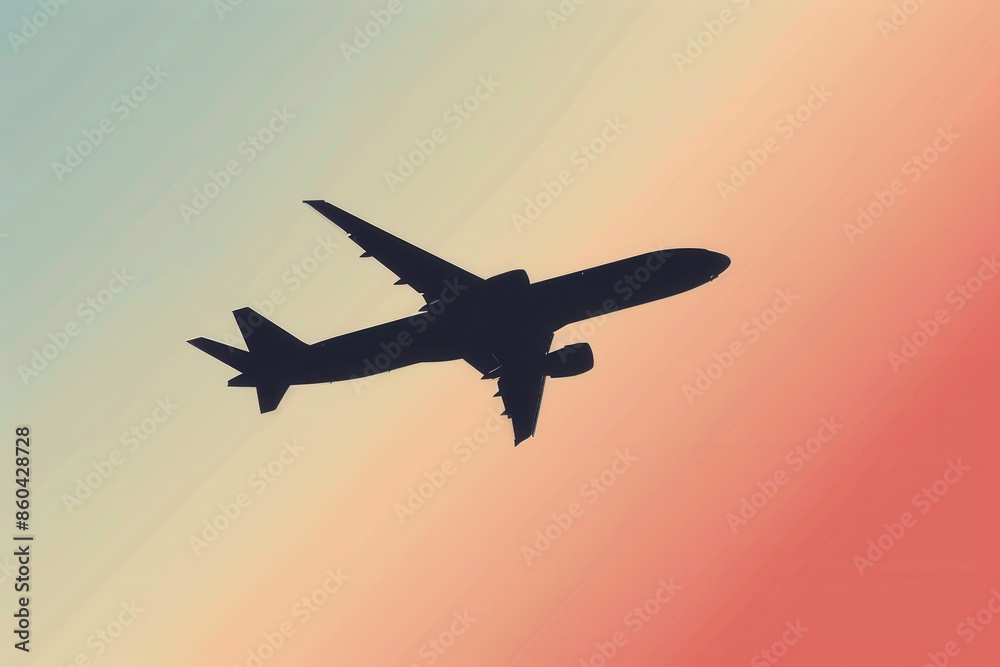Aufkleber a minimalist silhouette of an airplane in flight against a colorful gradient sky. perfect for airlin