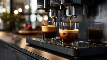 Close up to a modern coffee machine in a cafeteria that is making two coffees in glass cup