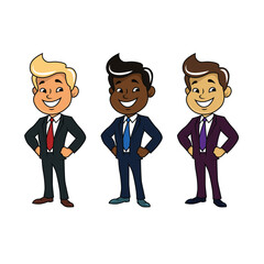 Smiling business boss person in a business suit with shiny shoes and modern haircut. Salesman. Job employer. Corporate illustration.