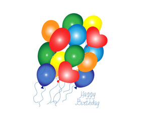 Balloon, hand lettering Happy Birthday. Bundle of realistic multicolored flying balloon with rope. Postcard, invitation to holiday, party. Graphic vector.