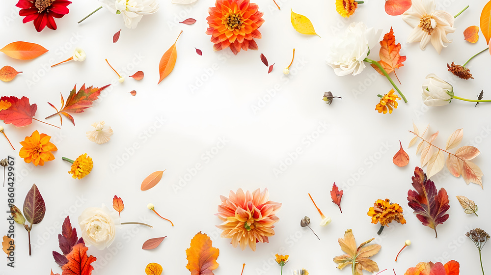 Poster autumn floral composition frame made of fresh flowers on white background autumn fall concept flat l