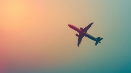 Naklejka premium A sleek silhouette of an airplane in flight against a stunning sunset sky. Perfect for minimalist design and aviation imagery. Generative AI