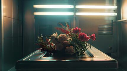 A coffin with a flower arrangement in a morgue : Generative AI