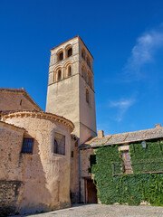 Romanesque Bell tower of the Church of San Juan Bautista and passageway in Pedraza, province of Segovia, Castilla y León, Spain, Europe