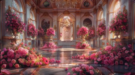 Obraz premium opulent palace interior adorned with lush pink rose arrangements luxurious floral decor in grand baroque setting digital illustration