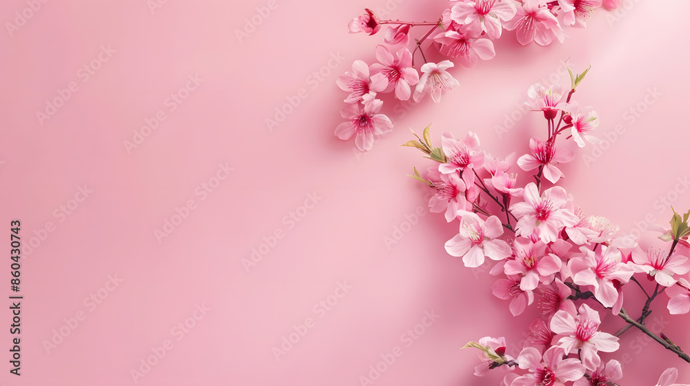 Poster Spring cherry tree in bloom creative layout Sakura pink flowers in springtime background Beauty in nature Design element Top view flat lay : Generative AI