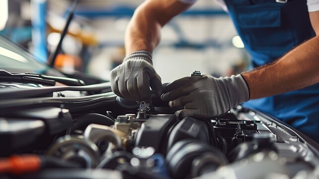 auto mechanic working with car engine in auto repair shop or auto service center, closeup