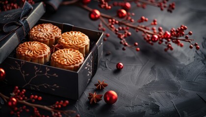 Elegant mooncakes in a black box with festive red decor on a dark textured background, perfect for Mid-Autumn Festival celebrations.