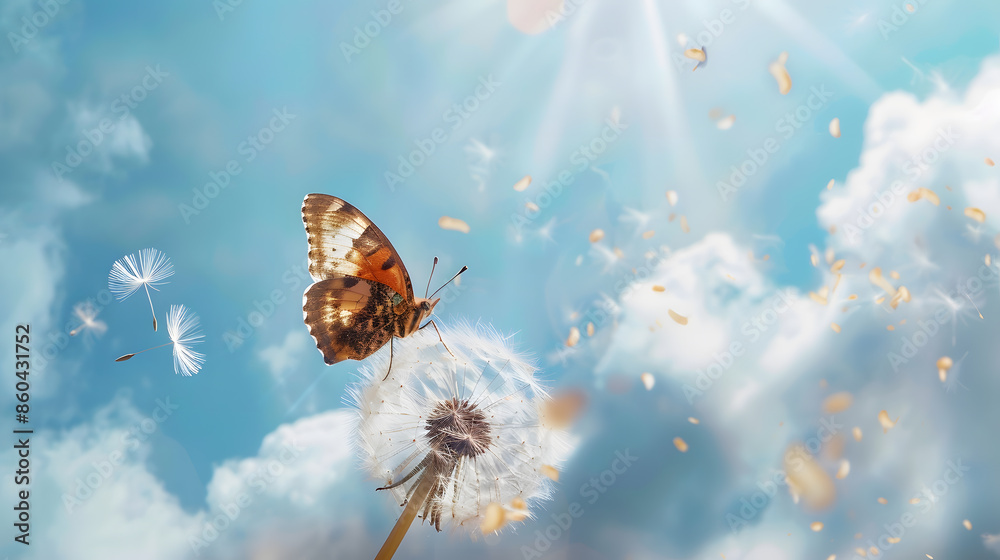 Poster Natural pastel background Morpho butterfly and dandelion Seeds of a dandelion flower on a background of blue sky with clouds Copy spaces : Generative AI