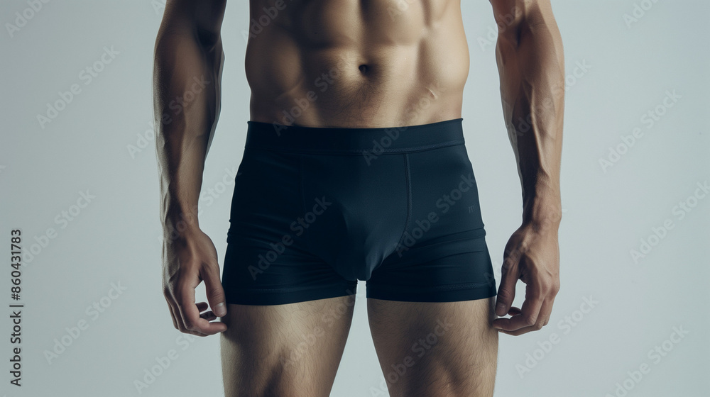 Wall mural mockup of plain black boxer shorts worn by an athletic man, white background, ai generated images - Wall murals