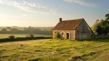 Obraz premium Stone cottage in rural setting during golden hour
