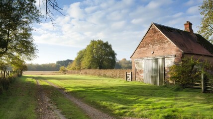 Obraz premium Rustic brick barn with open gate beside grassy path under clear sky