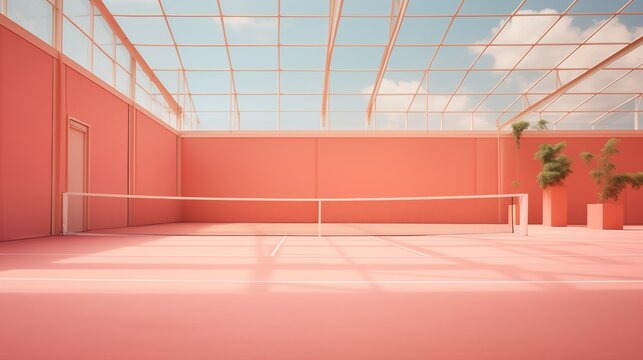 An empty tennis court bathed in the trendy peach fuzz color of the year, offering a serene and stylish sports setting