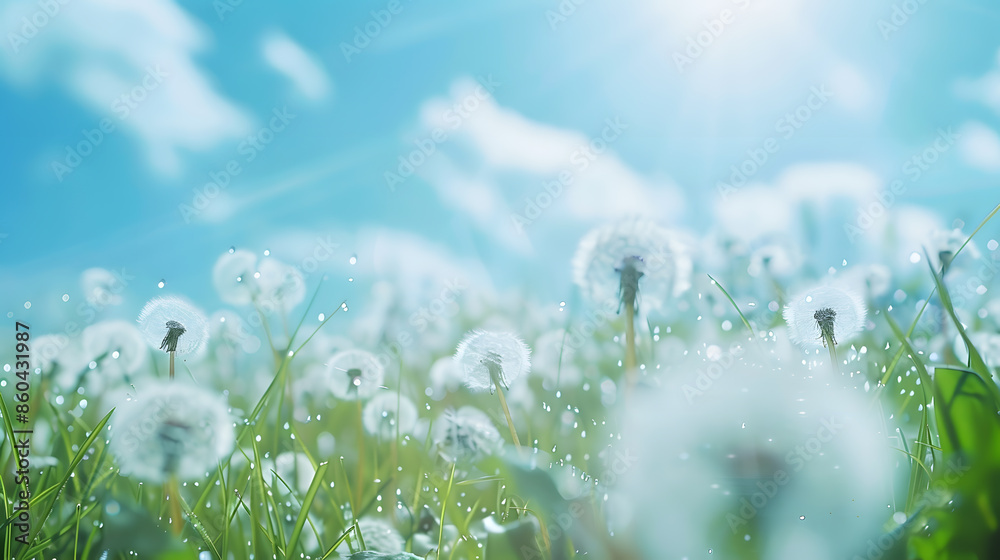 Aufkleber beautiful bright natural image of fresh grass spring meadow with dandelions with blurred background 