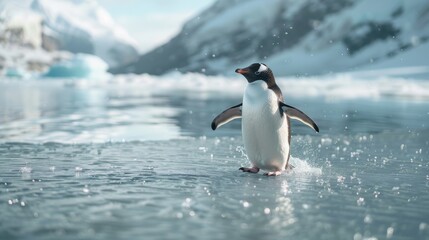 Fototapeta premium A penguin walking on an icy water surface with snowy mountains in the background showcasing nature's beauty and the animal's natural habitat.