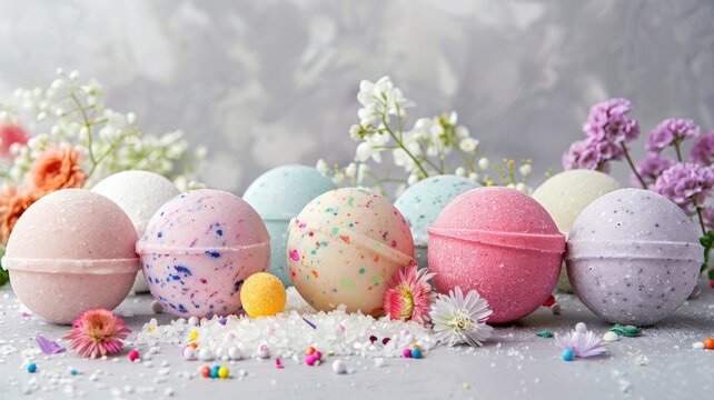 Colorful bath bombs and flowers on textured background