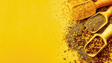 Various types of grains and seeds on yellow background with wooden scoops