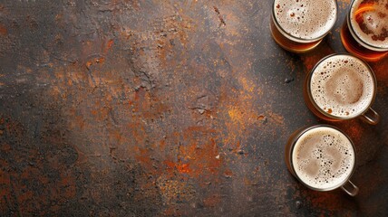 Overhead view of three glasses frothy beer on textured, rusty background