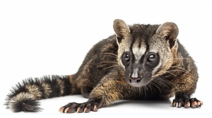A high-resolution close-up image of a wild civet, focusing on its sharp claws and curious gaze towards the camera, capturing the intricate details of this nocturnal mammal.