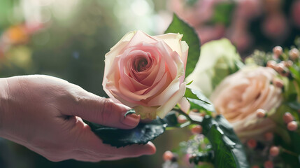 Flower funeral and hand holding rose in mourning at death ceremony with grief for loss burial Floral church or cemetary with person holding plant for sad bereavement or cemetary event  : Generative AI