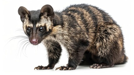 Fototapeta premium A civet standing on a white background, displaying its striped fur pattern and curious expression, captured in a studio setting for a detailed view.