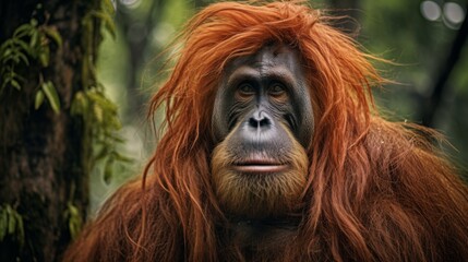 Naklejka premium An orangutan with reddish-brown fur amidst green foliage in its natural habitat, looking contemplative and serene, captured with full detail in an outdoor setting.