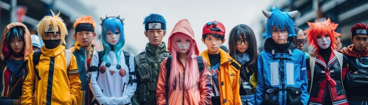 Group of people in vibrant costumes attending a cosplay event, showcasing characters from various anime and manga series in an urban setting.