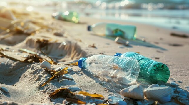 plastic bottles and garbage littering the beach environmental issue photo