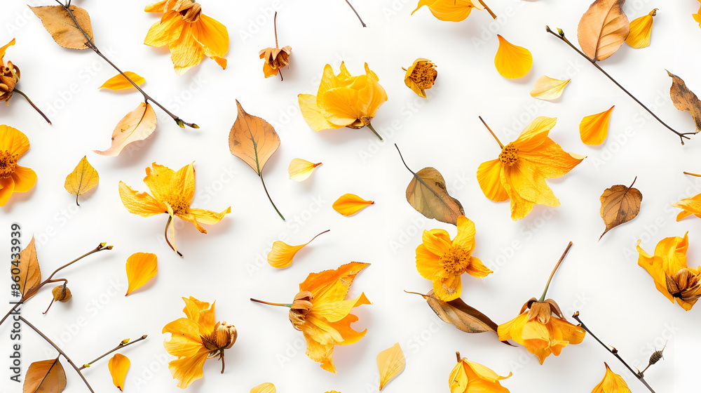 Poster yellow dry flowers branches leaves and petals pattern isolated on white background flat lay overhead