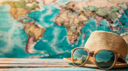A straw hat and sunglasses placed in front of a world map, showcasing essential travel items for a globe-trotter and evoking a sense of adventure and exploration.